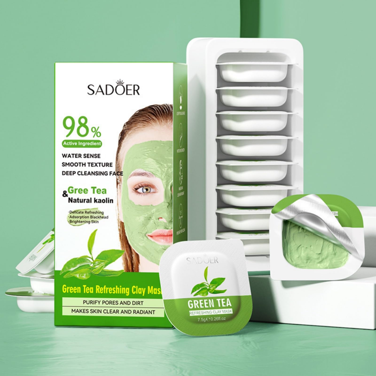 SADOER Green Tea Clay Mask for Deep Cleansing & Detoxifying - 8 Pack x 7.5g Natural Kaolin Facial Treatment | Perfect for Acne, Blackheads & Oily Skin Care Routine