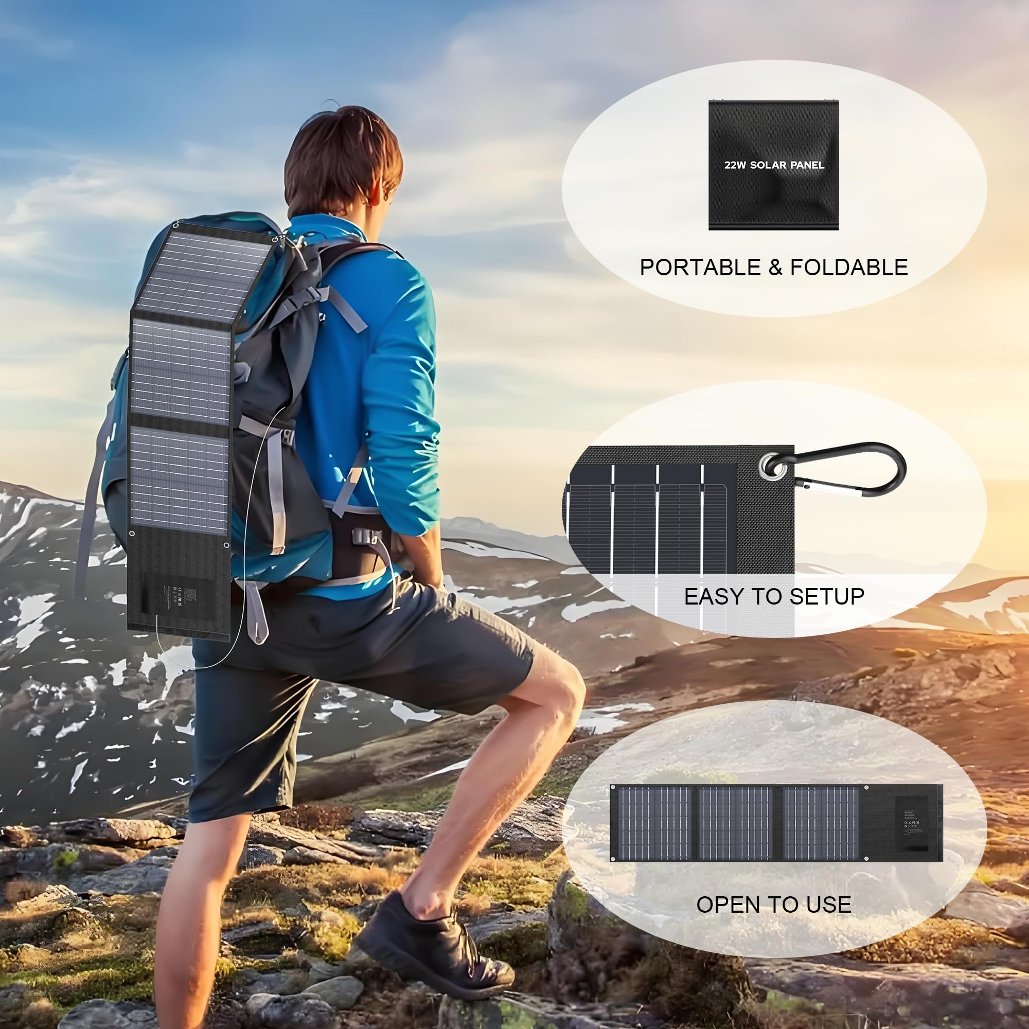 Enginstar 22W Portable Solar Panel Charger - Foldable Solar Power for Camping, RV Trips & Outdoor Adventures - QC3.0 USB & DC Output - Compatible with iPhone, iPad, Laptop, Power Stations & Solar Generators - Perfect for Emergency Power, Off-Grid Living & Travel Charging