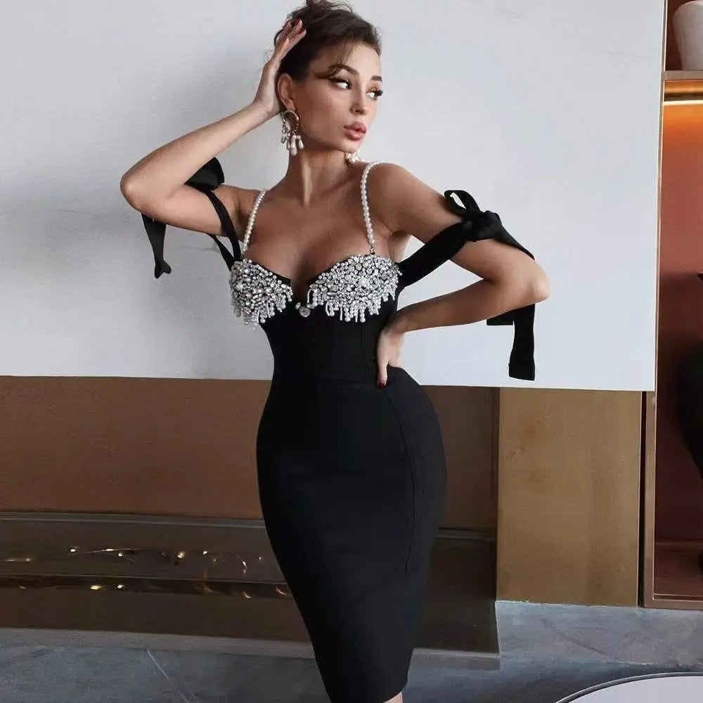 Elegant Black Off The Shoulder Pearl Slip Dress with Sparkly Beading - Rayon Bandage Bodycon Dress for Evening Party, Cocktail, Wedding Guest & Special Occasions