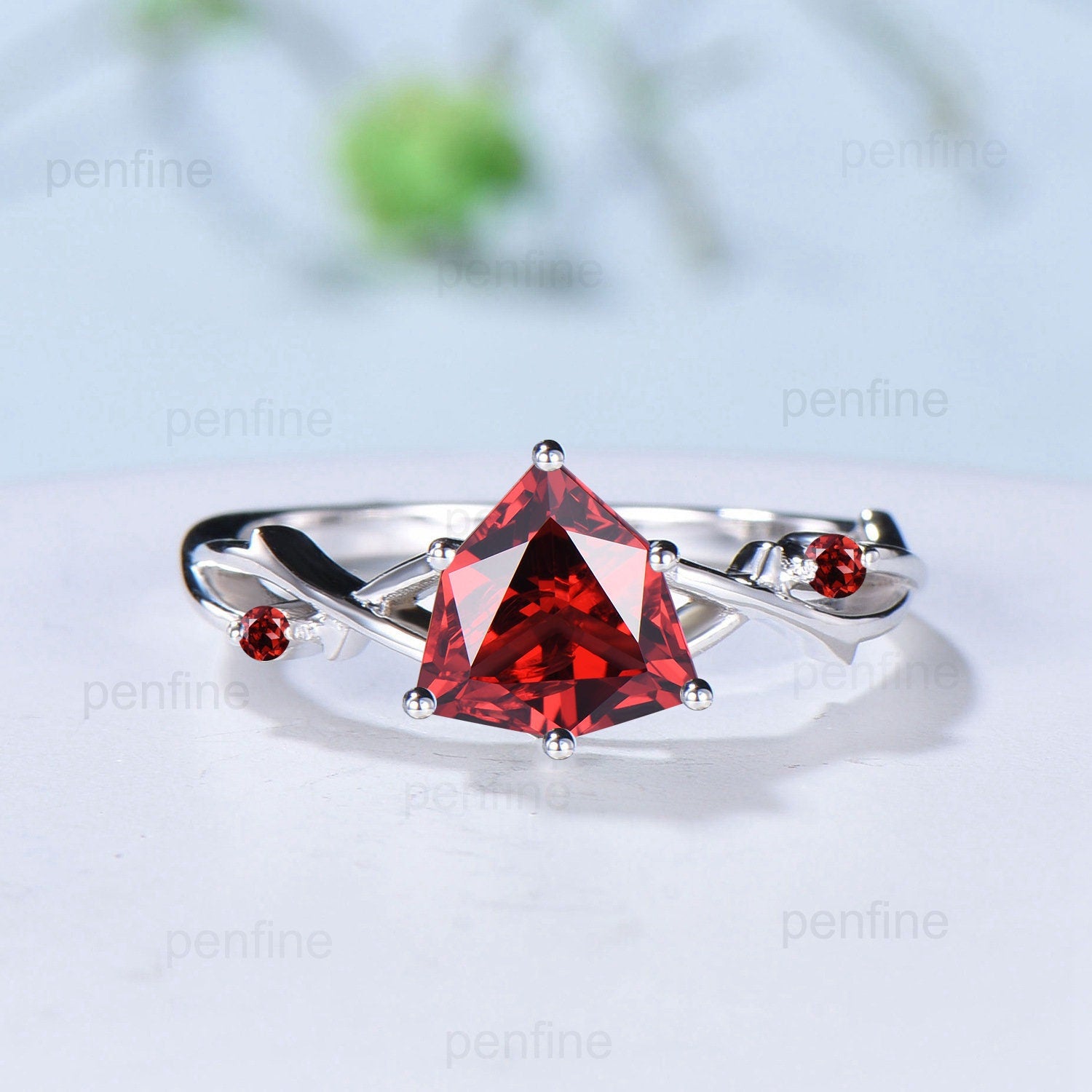 8mm Shield Cut Garnet Engagement Ring - Art Deco Vintage Twig Vine Wedding Band - Infinity Leaf Branch Design - January Birthstone Jewelry for Women - Perfect for Proposals, Anniversaries & Special Occasions
