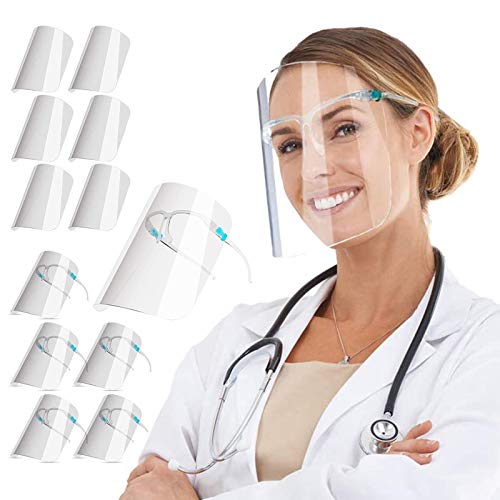 HONYAO 12 Pack Clear Face Shields with Glasses Frames - Anti-Fog Protective Visors for Adults & Kids - Includes 12 Replaceable Shields + 6 Reusable Frames - Perfect for School, Work, Healthcare & Outdoor Activities