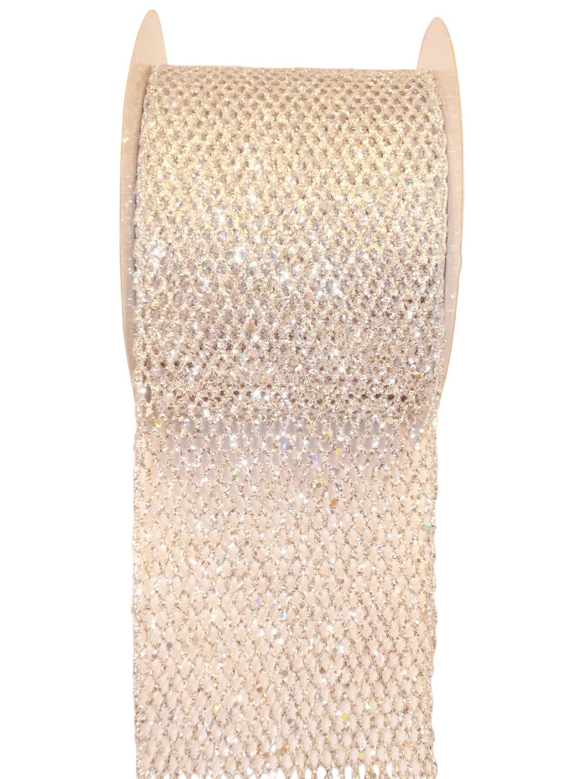 Reliant Ribbon Grand Net Glitter Wired Edge Ribbon - 4 Inch x 25 Yards, Silver | Perfect for Gift Wrapping, Wedding Decorations, Party Favors & DIY Crafts