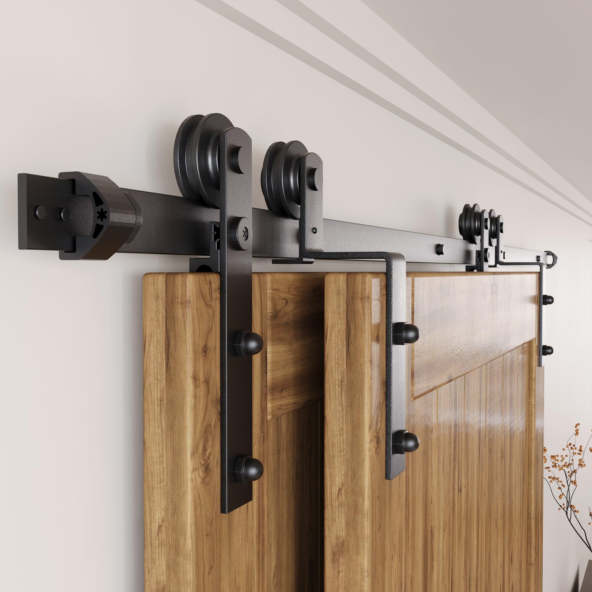 Homacer Black Rustic Single Track Bypass Sliding Barn Door Hardware Kit - 9ft Flat Track for Double Doors | Straight Design Roller | Perfect for Farmhouse, Loft & Industrial Style Homes