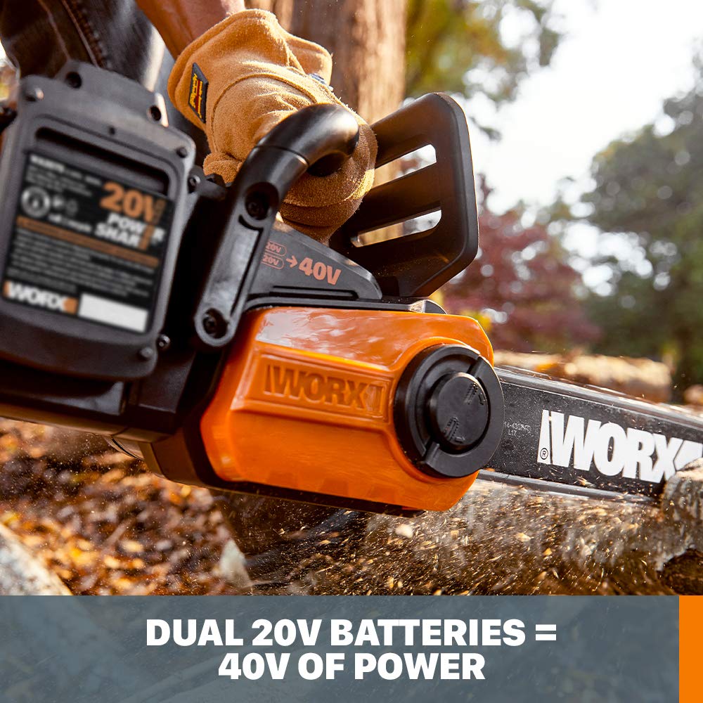 Worx WG384 40V 14-Inch Cordless Chainsaw with Auto-Tension & Power Share Technology - Includes Battery & Charger - Perfect for Tree Trimming, Firewood Cutting, and Yard Maintenance