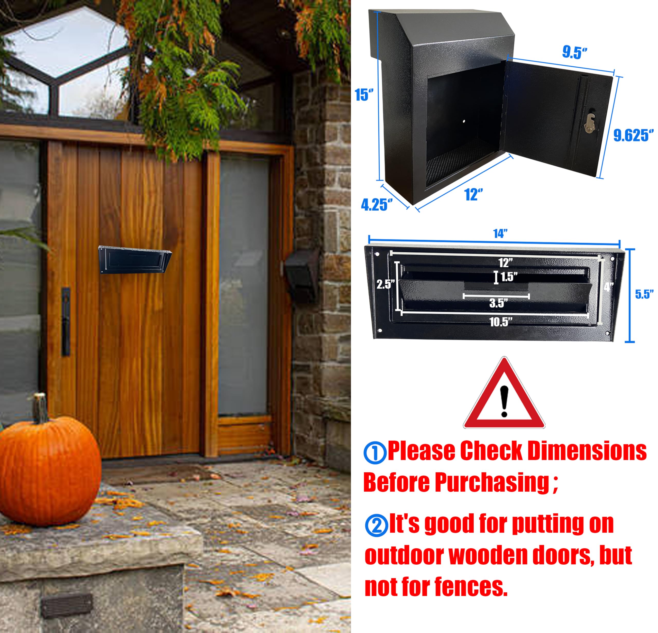 Heavy Duty Weatherproof Galvanized Steel Locking Mailbox - Secure Through-Door Drop Box for Keys, Payments & Mail - Rainproof & Durable Black Mailbox for Home, Office & Apartment Use