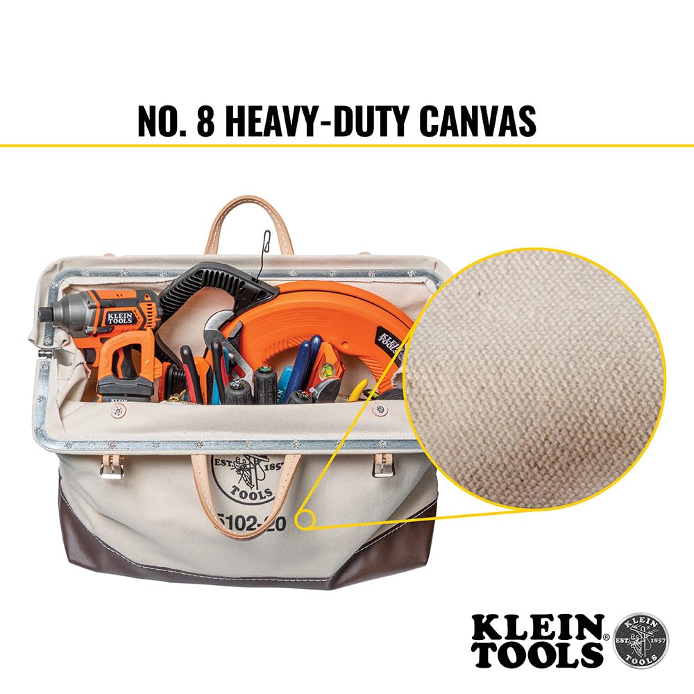 Klein Tools 5102-20 Heavy Duty Natural Canvas Tool Bag - 20-Inch Multi-Purpose Tool Tote with Wide Hinged Opening & Durable Leather Handles - Perfect for Electricians, Contractors & DIY Home Improvement Projects