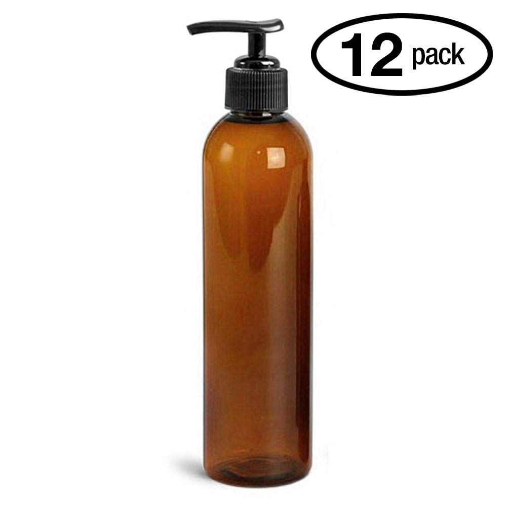 8oz Bullet Round Massage Oil Bottle with Saddle Pump - 12 Pack Amber Glass Bottles for Aromatherapy, Massage Therapy & Essential Oils Storage - Perfect for Spa, Salon & Home Use