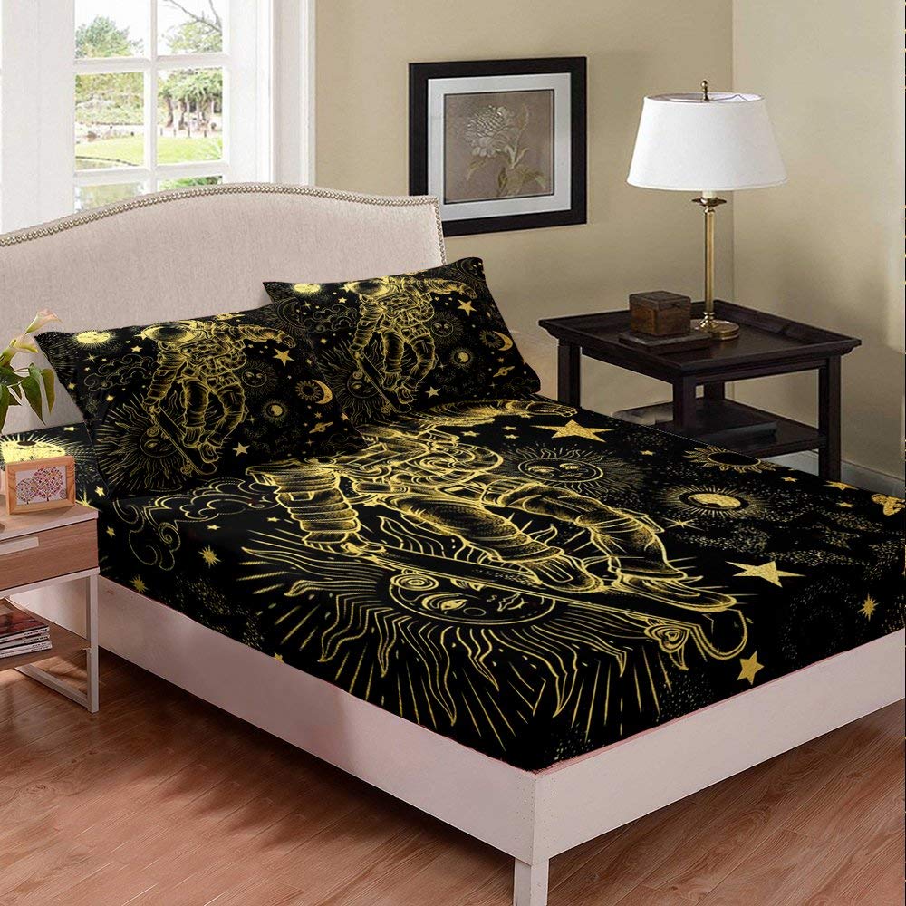 Bohemian Sun Moon Galaxy Bedding Set Queen Size - Astronaut Starry Sky Fitted Sheet & Skateboard Bed Cover for Kids - Golden Black Bedroom Decor for Teens & Adults (Perfect for Dorm Rooms, Space-Themed Bedrooms & Gift Ideas)