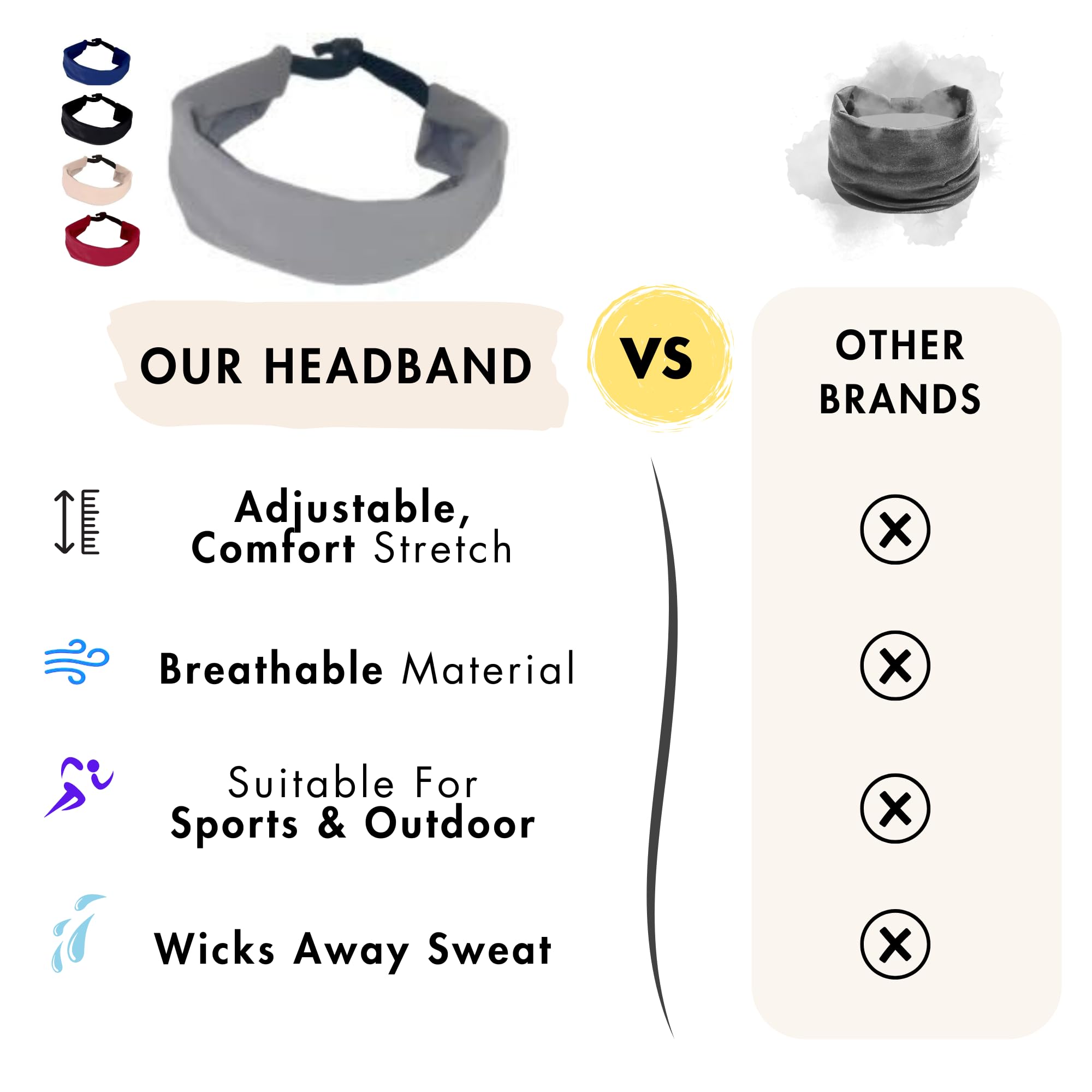 Non-Slip Sweat Headbands for Women - Breathable Moisture Wicking Workout Headbands for Gym, Running, Yoga & Exercise - Adjustable Wide Sports Headband (Gray) - Perfect for Fitness, Tennis & Outdoor Activities