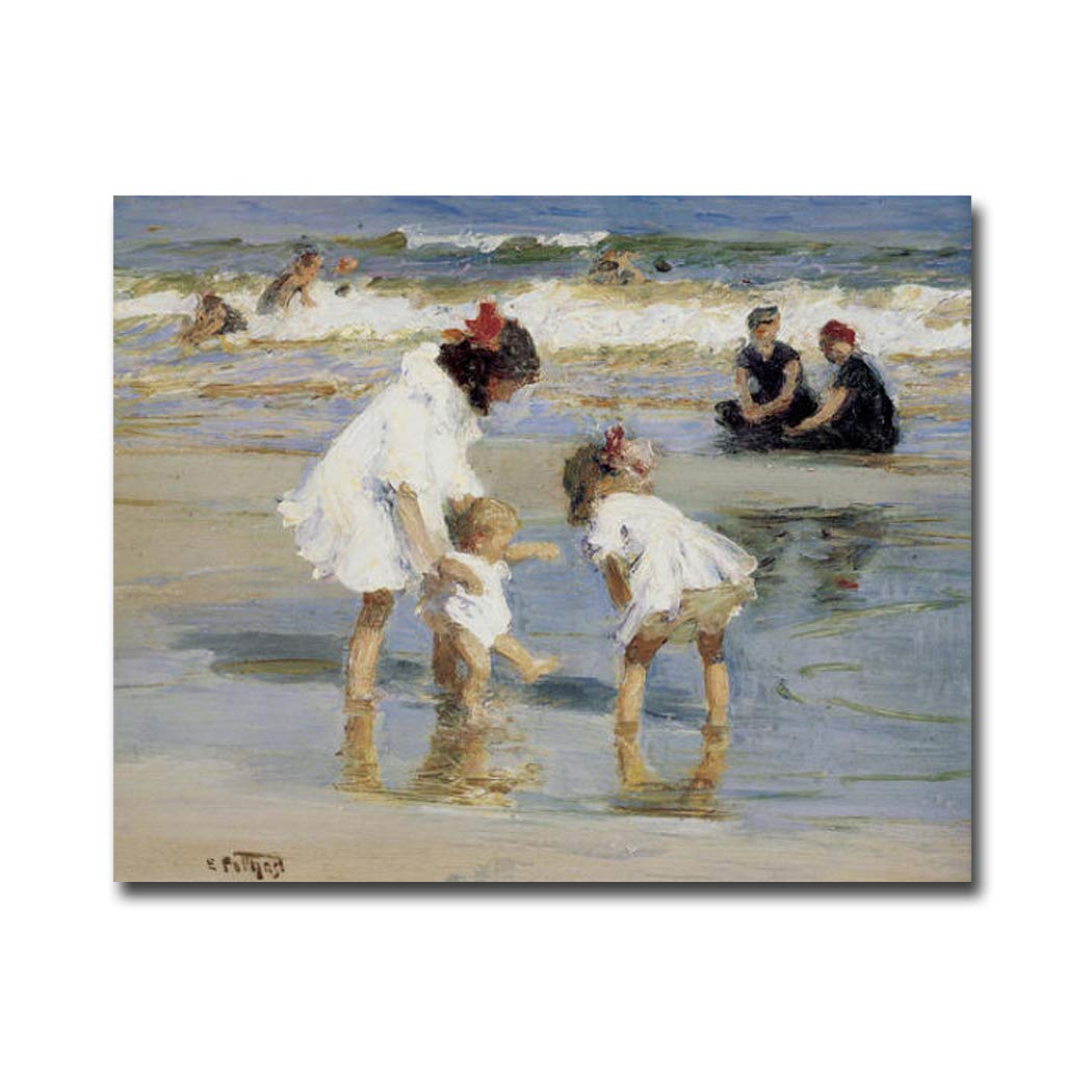 Edward Henry Potthast 'Children Playing at The Seashore' Premium Gallery-Wrapped Canvas Giclee Art Print - 24x30 Inches, Ready to Hang - Beach Decor, Coastal Wall Art for Living Room, Bedroom & Nursery