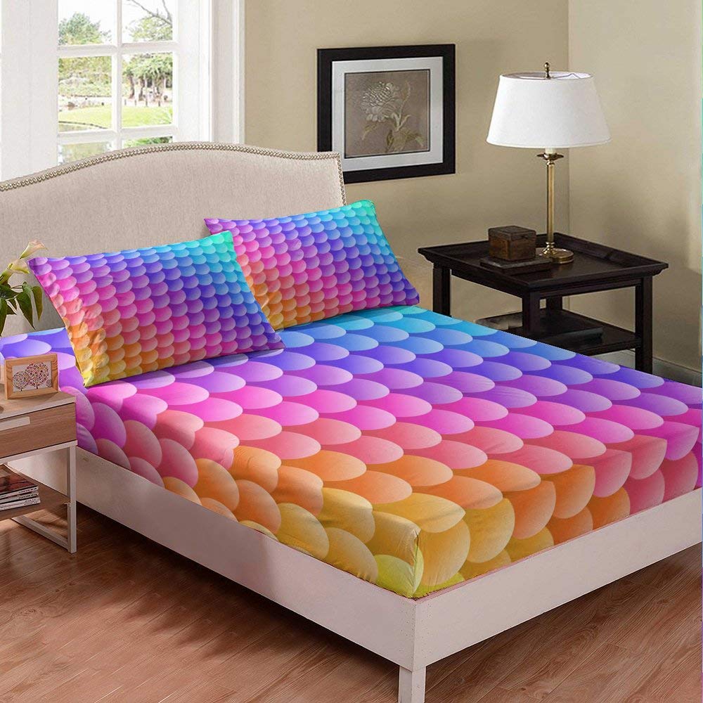 Vibrant Rainbow Mermaid Scale Bedding Set - Colorful Fish Scale Print Twin Size Microfiber Sheets (1 Fitted Sheet + 1 Pillowcase) for Kids & Girls - Perfect for Themed Bedrooms, Sleepovers, and Fantasy Decor