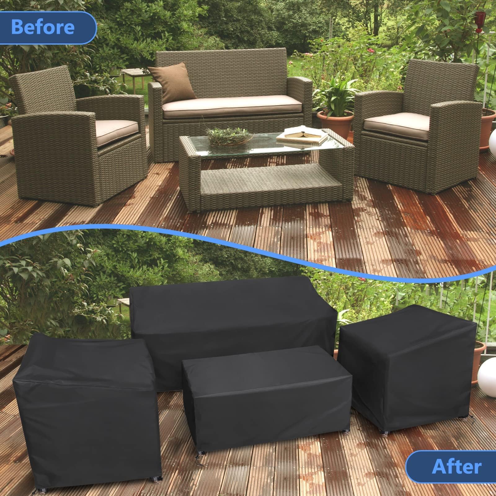 STARTWO 4-Piece Heavy Duty Waterproof Patio Furniture Covers Set - Outdoor Furniture Protector for Rattan Wicker Conversation Set (Black) | Perfect for Backyard, Garden & Poolside Use