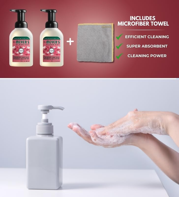 GROVE Clean Day Organic Watermelon Scent Foam Hand Soap 10 oz (3-Pack) with Microfiber Cloth - Natural Moisturizing Hand Wash for Kitchen, Bathroom & Office - Refreshing Scent for Daily Hand Hygiene & Gentle Skin Care