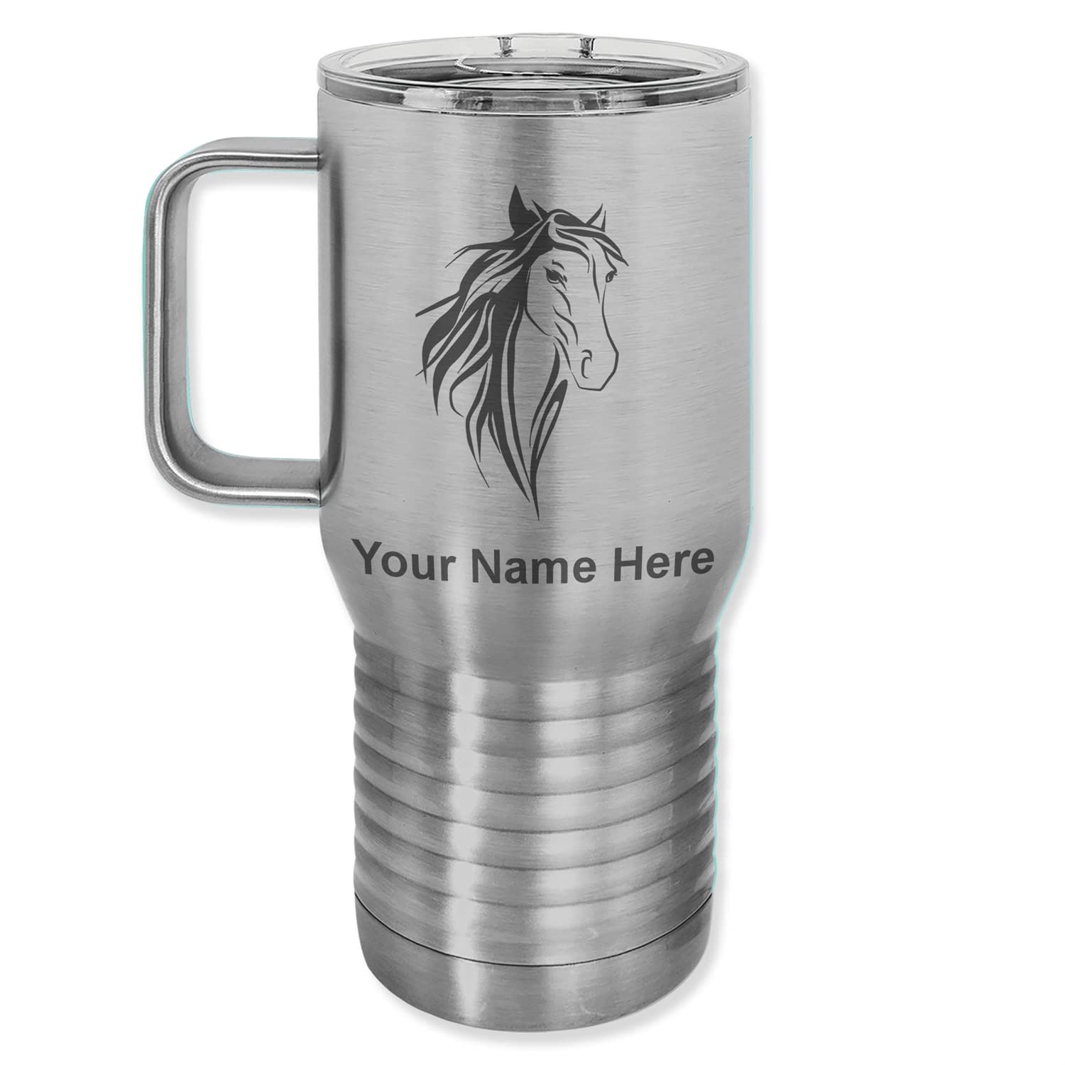 LaserGram 20oz Vacuum Insulated Stainless Steel Travel Mug with Handle - Personalized Engraving & Horse Head Design - Perfect for Coffee, Tea & Hot/Cold Beverages on the Go
