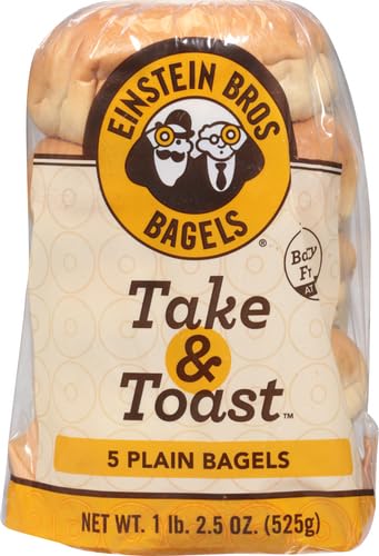 Einstein Bros. Bagels Take & Toast Plain Bagels - 18.5 oz (5 Count) - Perfect for Breakfast, Snacks & Quick Meals - Ready to Toast & Enjoy at Home or Office