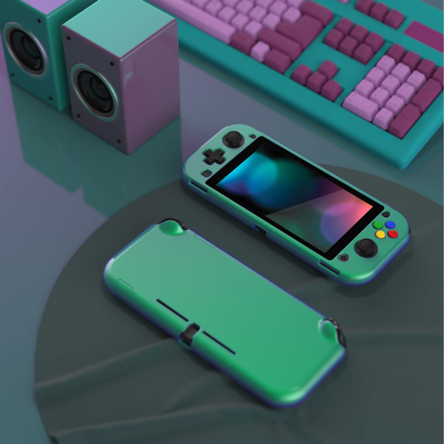 eXtremeRate PlayVital Glossy Chameleon Green Purple Protective Case Cover for Nintendo Switch Lite - Hard Shell Shield with Tempered Glass Screen Protector | Travel, Gaming, Home Entertainment Protection