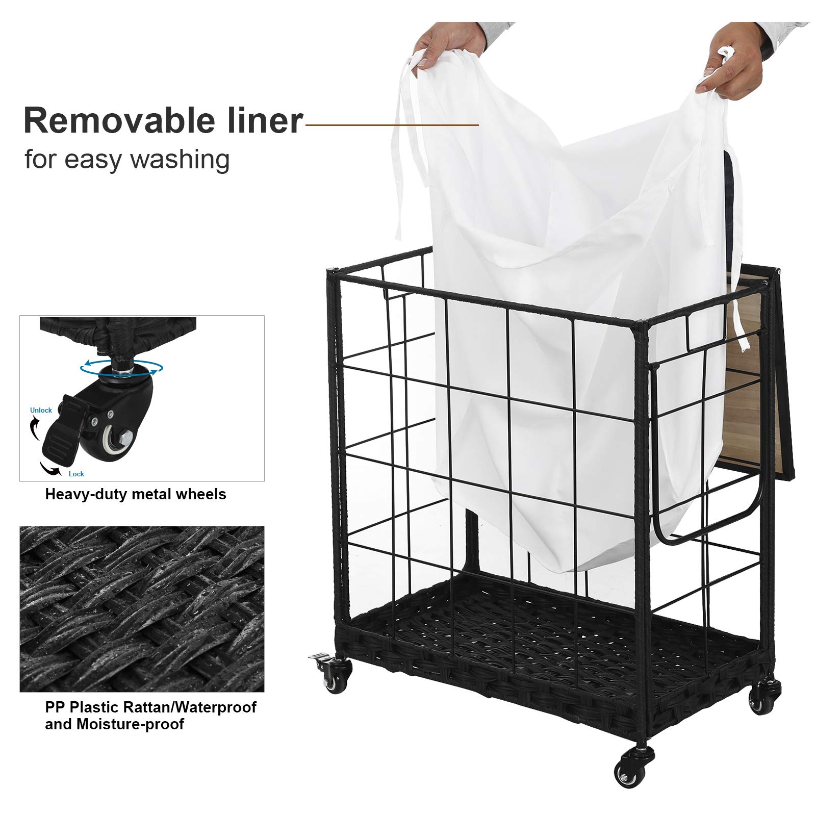 Premium White Laundry Hamper with Removable Liner Bag - Heavy Duty Wheels, Wood Lid & Metal Handle - Clothes Organizer & Laundry Basket for Bedroom, Bathroom, Dorm - Space Saving Storage Solution