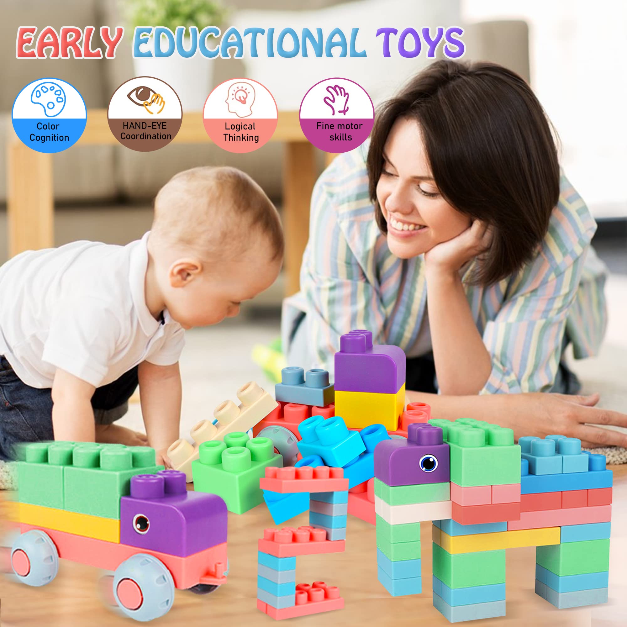 **Soft Baby Building Blocks - 46PCS STEM Educational Toys for Toddlers 6 Months & Up | Safe Rubber Sensory Blocks for Early Learning & Play | Perfect Gift for Infants, Daycare & Montessori Activities**