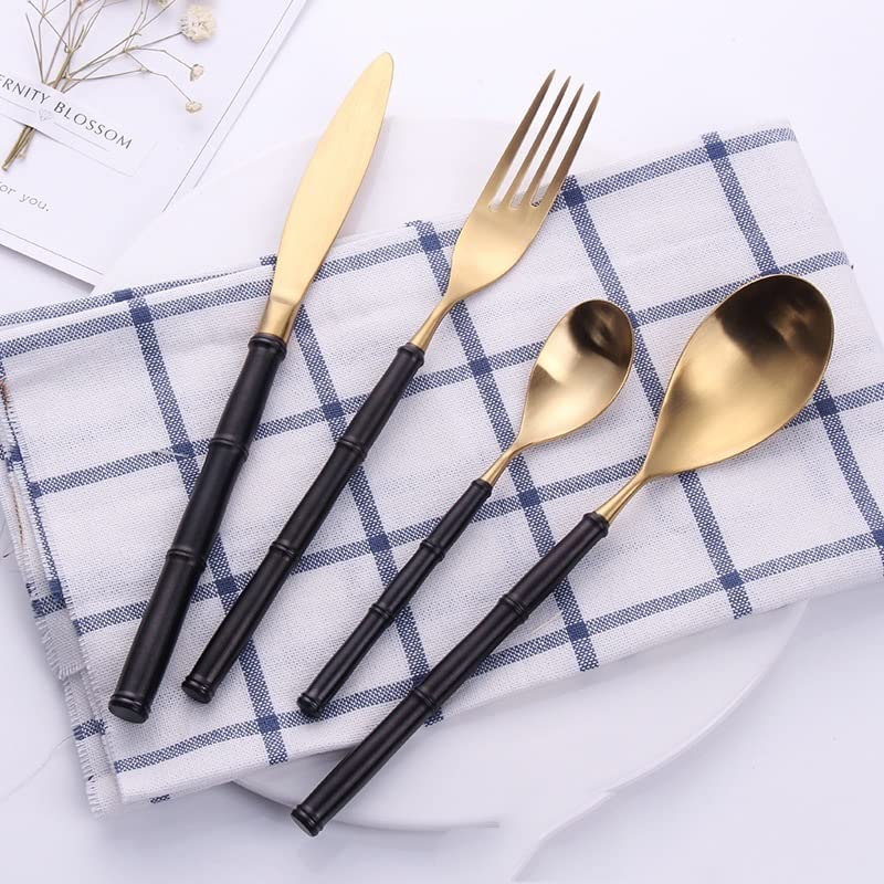 24-Piece Gold Matte Stainless Steel Flatware Set - Vintage 18/10 Dinner Knife Fork Spoon with Creative Bamboo Handle - Elegant Blackgold Cutlery for Formal Dining, Wedding Gifts & Home Entertaining
