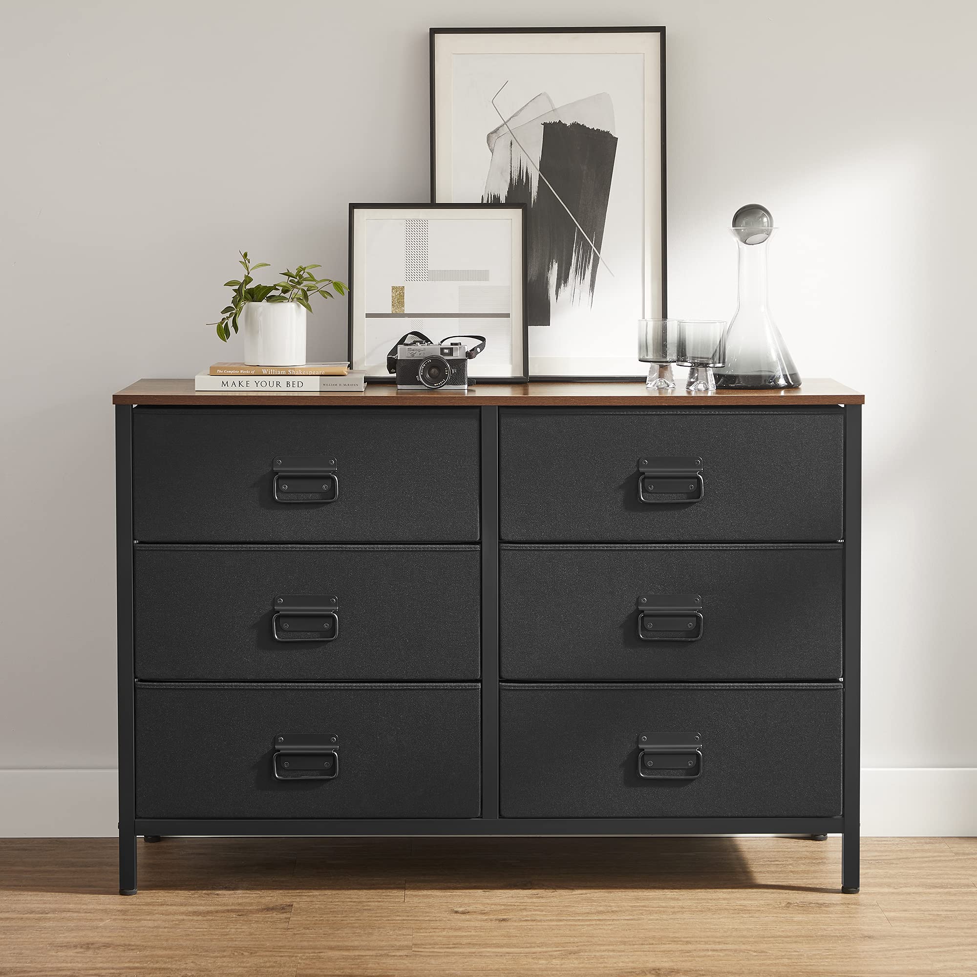 SONGMICS 6-Drawer Fabric Dresser for Bedroom, Rustic Brown & Black Storage Organizer with Steel Frame - Perfect for Bedroom, Living Room, Entryway Closet Organization | ULTS223B01