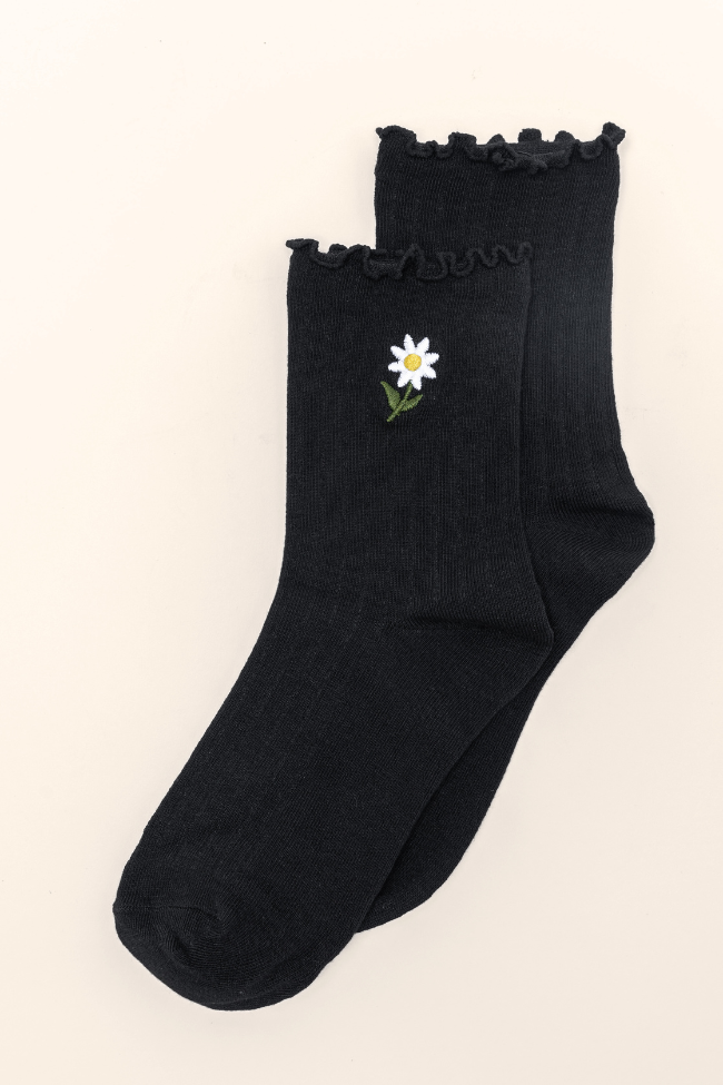 Black Daisy Crew Socks for Women - Soft Cotton Ankle Socks with Floral Print - Perfect for Casual Wear, Workouts & Everyday Comfort
