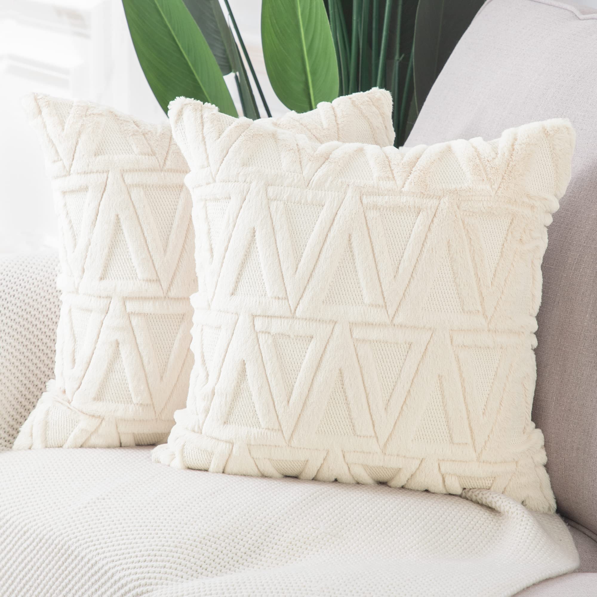 Soft Beige Plush Wool Throw Pillow Covers Set of 2 - Velvet Boho Decorative Pillowcases 20x20 Inch for Sofa, Bedroom & Living Room - Cozy Home Decor Accent