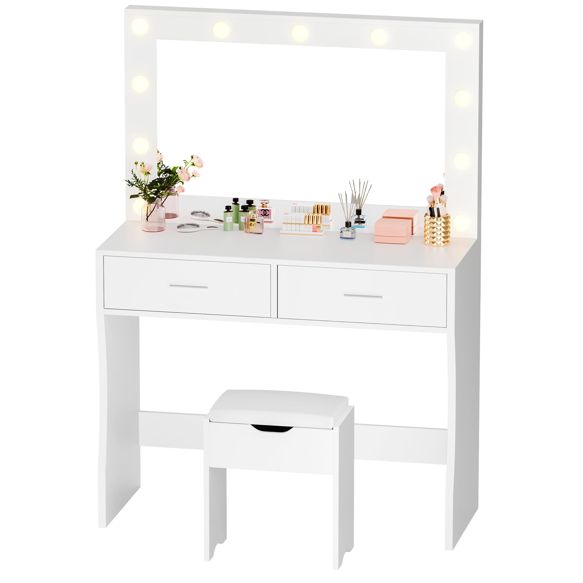 YESHOMY Vanity Desk with Mirror & Adjustable LED Lights - Makeup Dressing Table with 11 Brightness Settings, 3 Color Modes, 2 Spacious Drawers & Soft-Padded Stool - Perfect for Bedroom, Dorm, Beauty Salon (White)