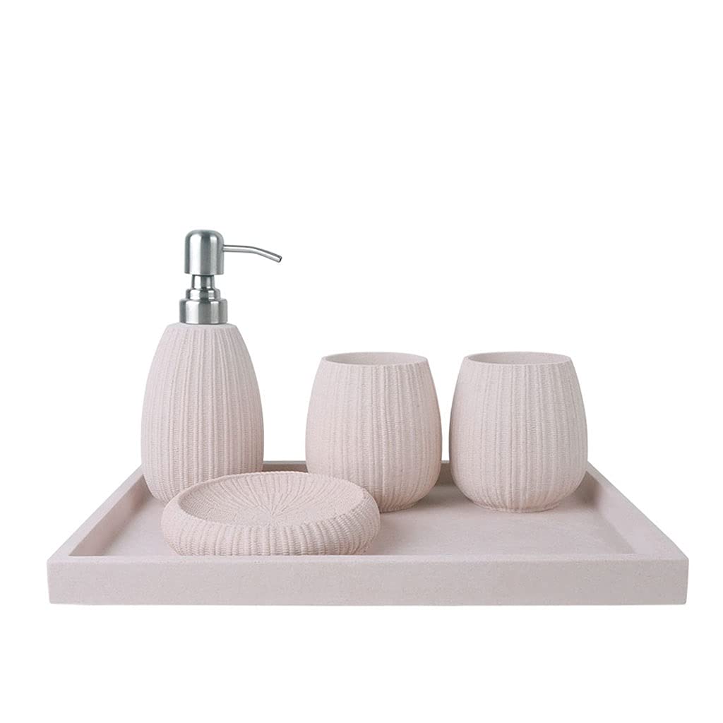 IAOHUO 5-Piece Artificial Stone Bathroom Accessory Set - Soap Dispenser, Mouthwash Cup, Soap Dish, Tray & Lotion Dispenser for Modern Bathroom Decor | Elegant Vanity Organizer for Sink Countertop (Color: C)