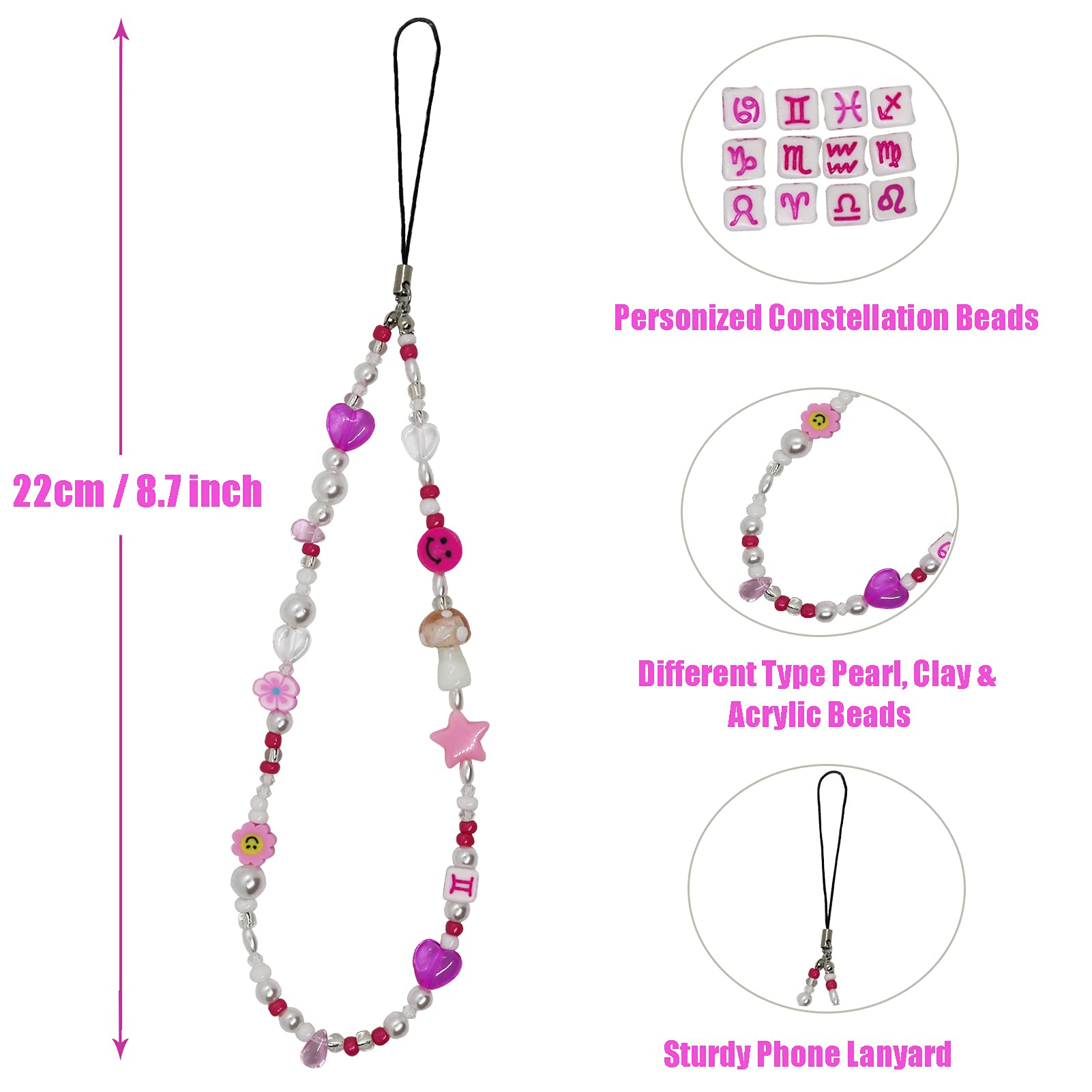 Beaded Phone Charm & Lanyard Wrist Strap - Polymer Clay Smiley Face Beads Bracelet Keychain Jewelry for Cell Phone - Perfect for Everyday Use, Gifts, and Accessories