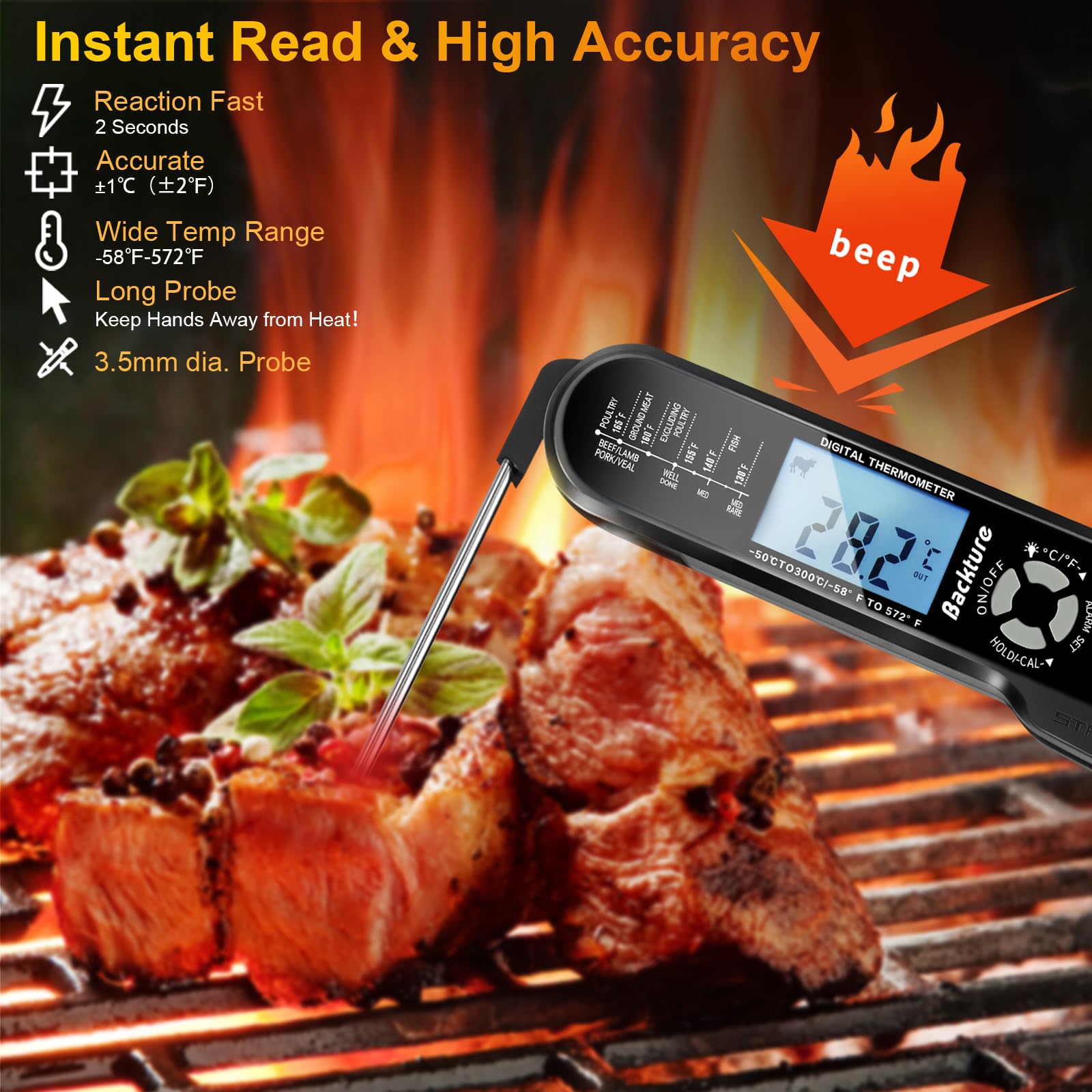 **Digital Meat Thermometer with Long Probe - Instant Read, High Temp Resistance, Alarm & Backlit Display - Perfect for Grilling, BBQ, Smoking, Oven & Rotisserie Cooking - Essential Kitchen Gadget**