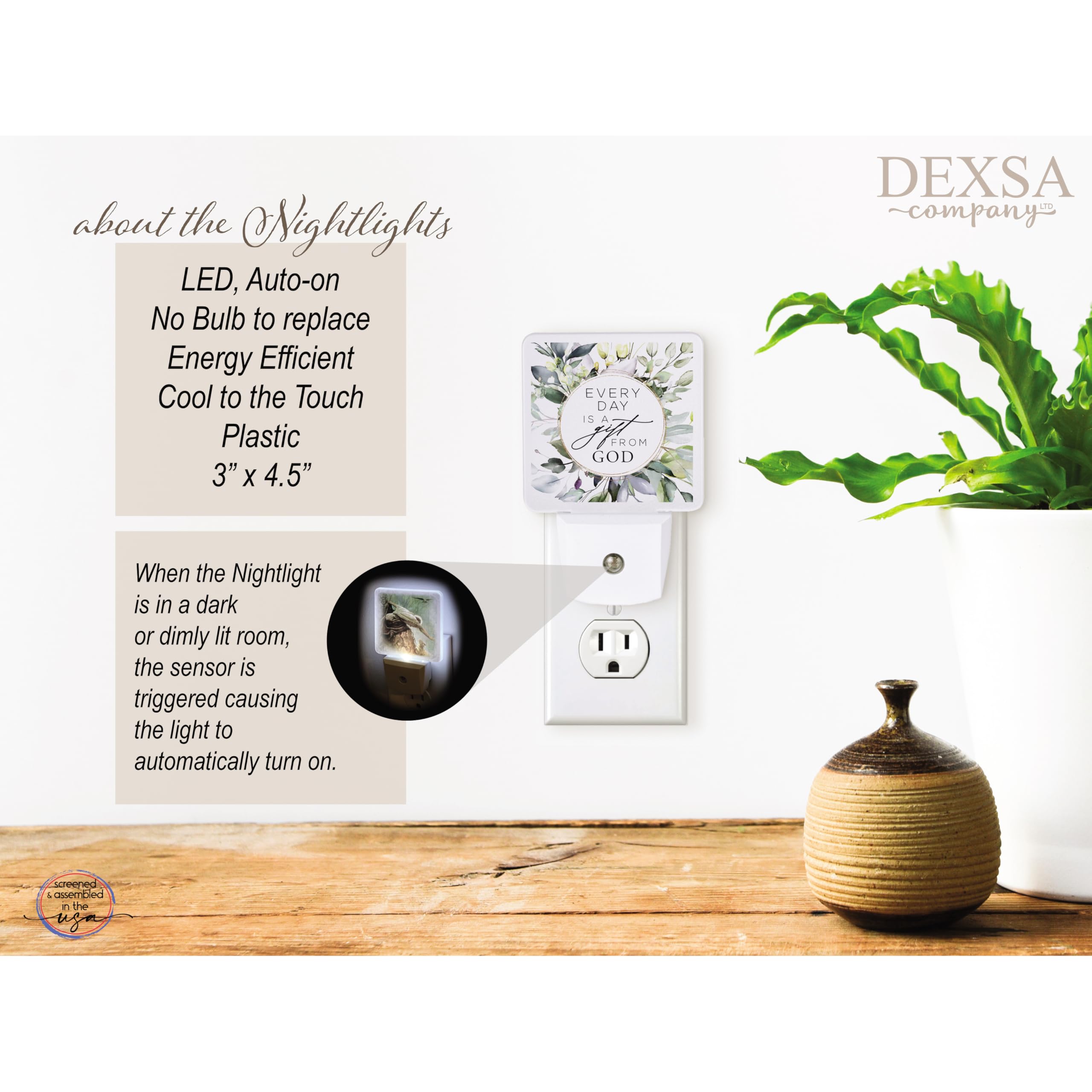 Dexsa Auto ON/Off Plug-in LED Night Light - Energy Saving, Automatic Sensor for Hallway, Bedroom, Nursery & Bathroom | Safe Night Light for Kids, Adults & Seniors | Perfect for Nighttime Safety & Ambiance
