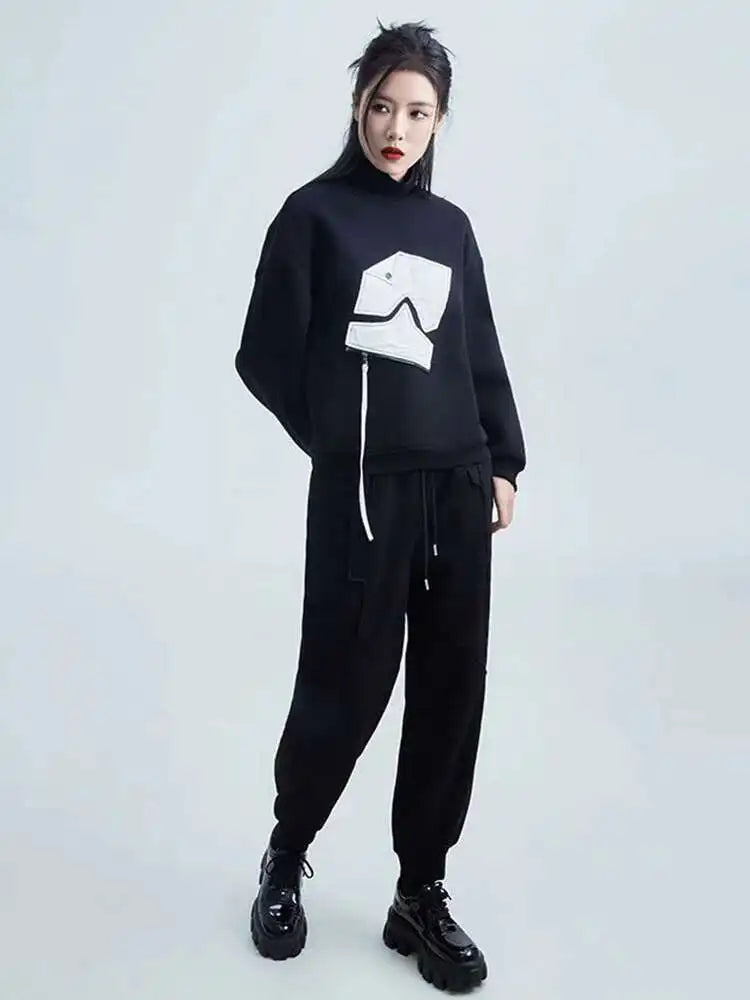 Black Pattern Zipper Thick Sweatshirt for Women | Turtleneck Long Sleeve Pullover | Plus Size Fashion Hoodie | 2025 Spring & Autumn Collection | Perfect for Casual Wear, Layering & Outdoor Activities