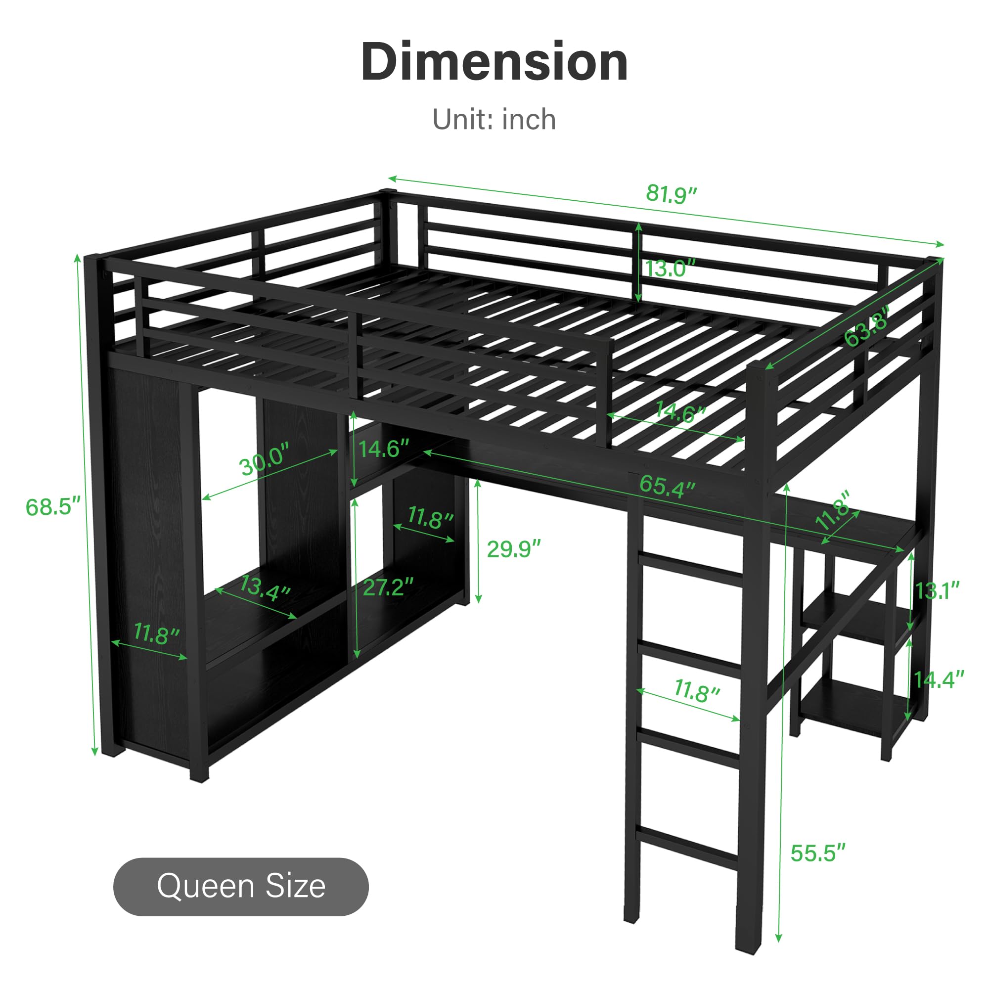 Queen Metal Loft Bed with Desk & Wardrobe - Heavy Duty Space-Saving Bed Frame with 6 Storage Shelves, Ladder & High Safety Guardrails | Sturdy Squeak-Free Design, No Box Spring Required in Polar Black | Perfect for Small Apartments, Dorms & Kids' Rooms