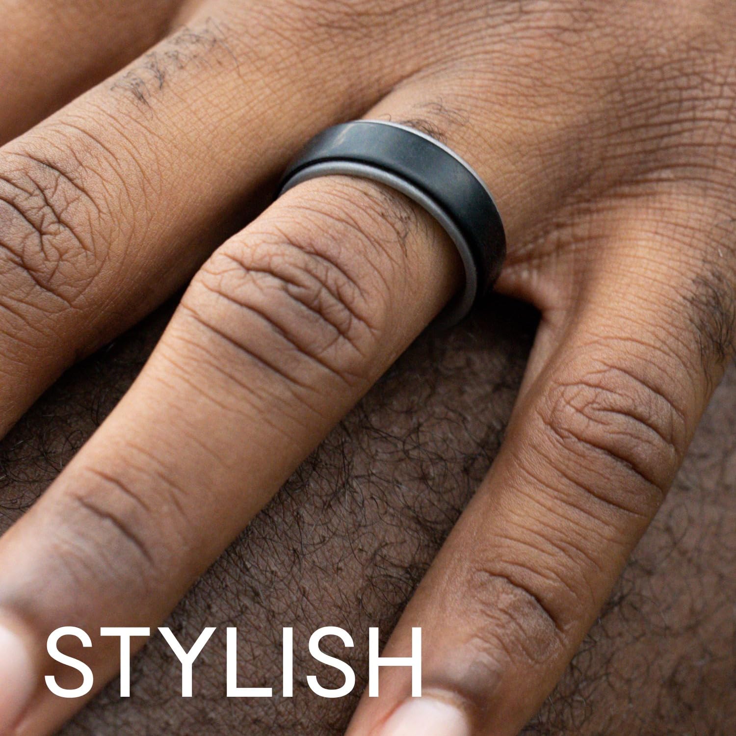 Breathable Silicone Wedding Rings for Men - Comfortable Hunter Ring with Unique Design - Durable Rubber Band in Black, Beveled Metallic Platinum, Grey & Bronze - Size 14 - Perfect for Outdoor Activities, Gym & Daily Wear