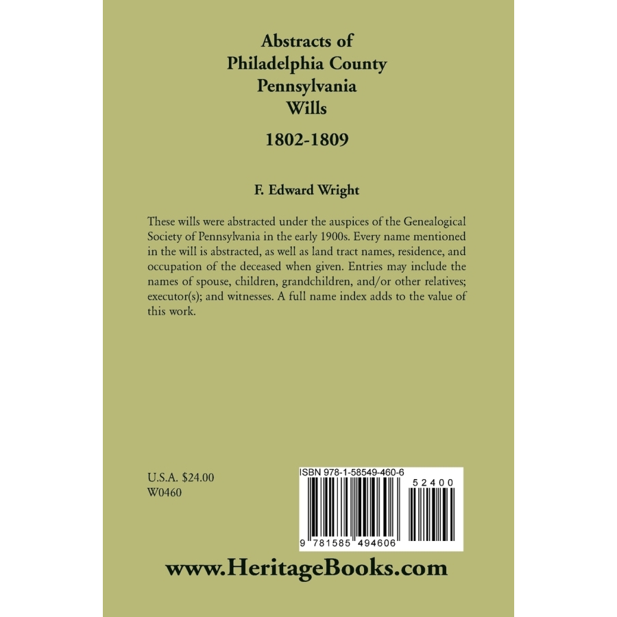 Abstracts of Philadelphia County, Pennsylvania Wills (1802-1809) - Genealogy Research & Historical Documents for Ancestry Study