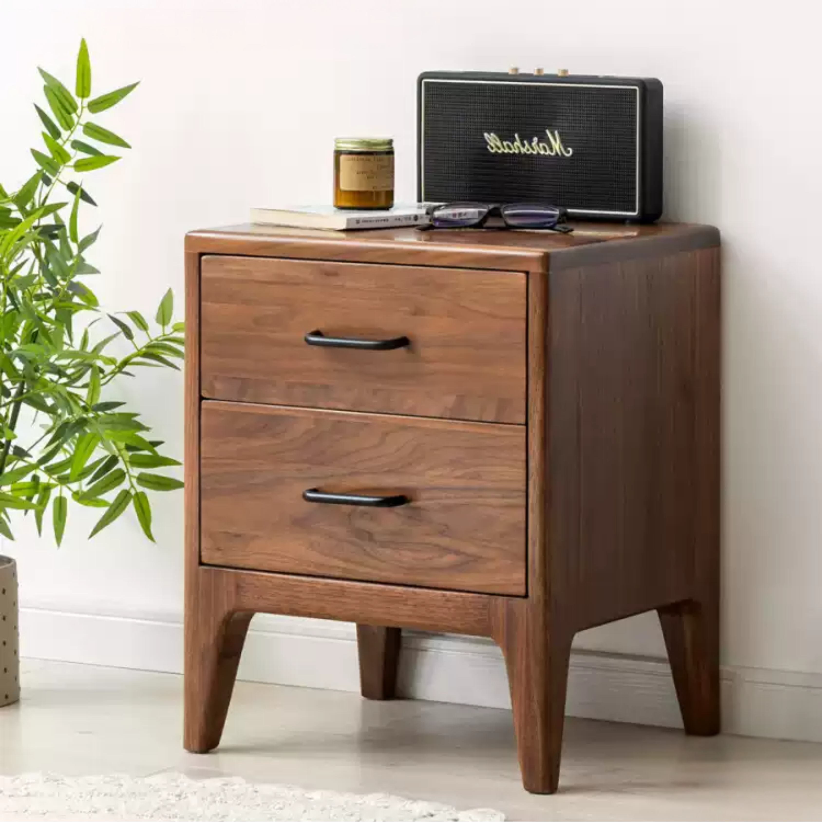 Premium Black Walnut Solid Wood Modern Nightstand - Stylish Bedside Table with Drawer for Bedroom, Living Room & Guest Room