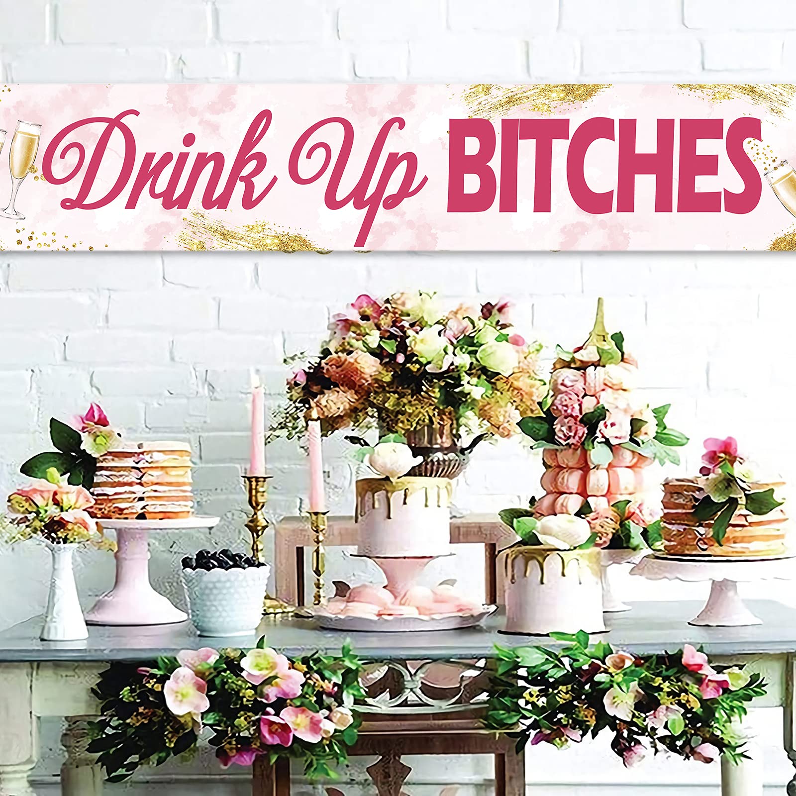 Drink Up Bitch Large Banner - Funny Bachelorette Party Decor, Hen Party Sign, Bride-to-Be Lawn & Porch Sign - 8.9 x 1.6 Feet Indoor/Outdoor Backdrop for Engagement Parties & Wedding Celebrations