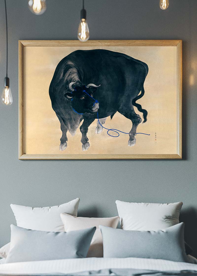 Black Bull Japanese Painting by Mochizuki Gyokusen - Authentic Ukiyo-e Artwork for Home Decor & Office Wall Art | Perfect Gift for Art Collectors
