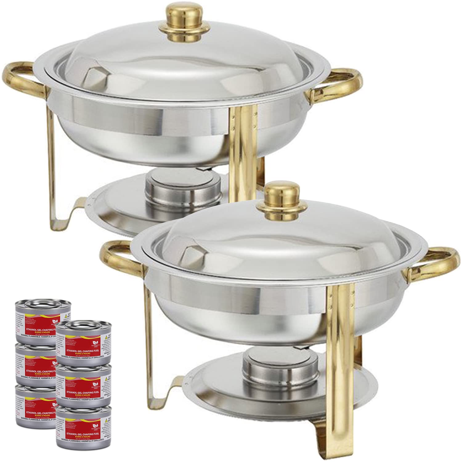 Stainless Steel Round Chafing Dish Buffet Set - 4 Quart Food Pan with Lids, Water Pan, Frame & 6 Fuel Cans - Complete Catering Warming Solution for Buffets, Parties, Weddings & Events