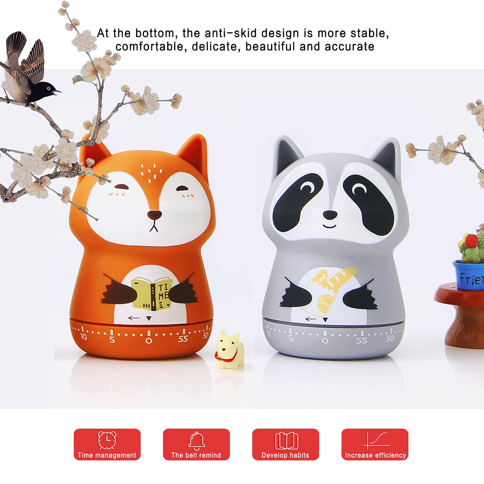 2 Pack Cute Animal Kitchen Timer - 100% Mechanical Cooking Timer for Kids & Adults - 60 Minute Egg Timer for Baking, Studying, Workouts (Fox & Raccoon Design) - Perfect for Home, School & Gym Use