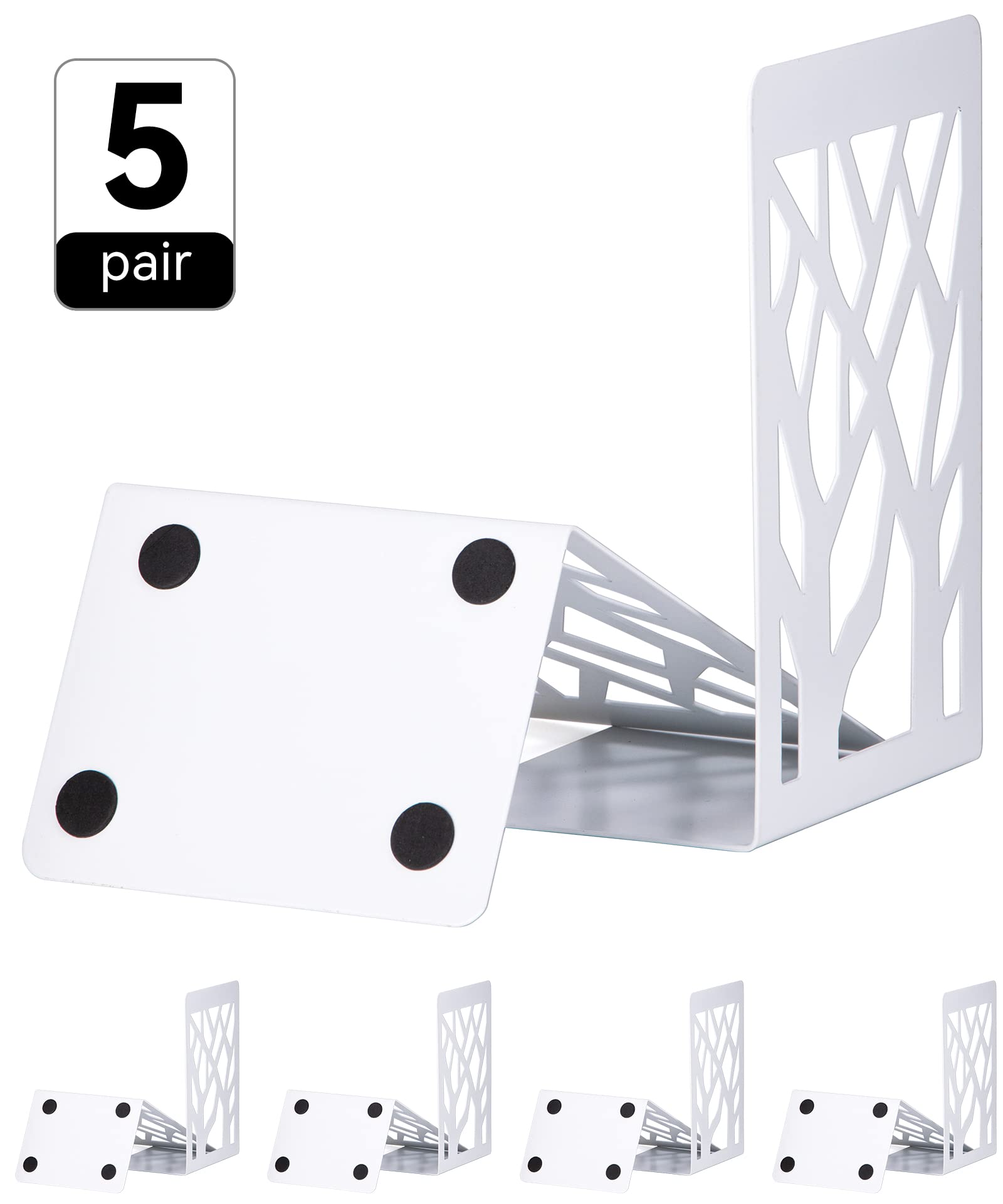 Heavy Duty Metal Bookends for Shelves - 5 Pairs White Decorative Book Stoppers & Supports - Perfect for Organizing Books, Office, Home Decor, and Library Use
