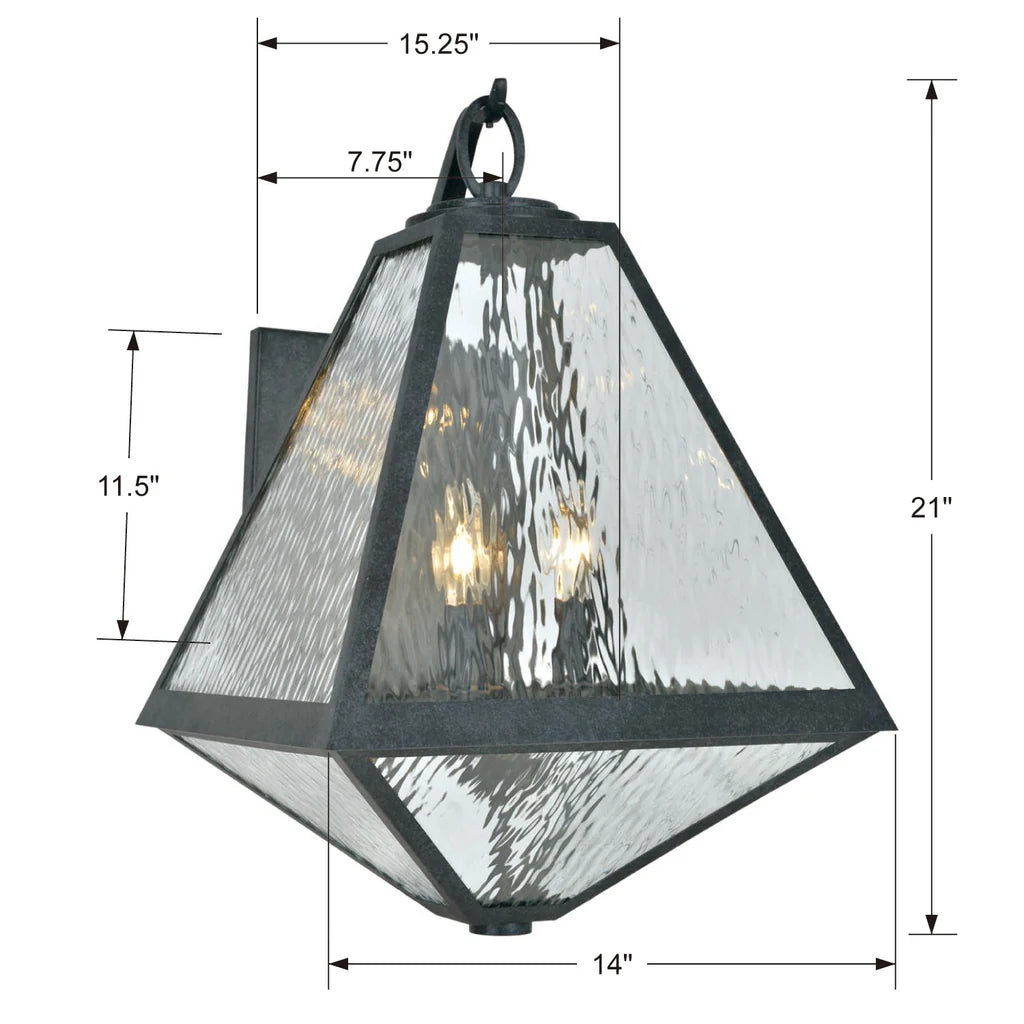Brian Patrick Flynn Glacier 3-Light Outdoor Wall Sconce - 14x21 Inch Stainless Steel Water Glass Fixture with Black Charcoal Finish - 120V E12 Candelabra Base LED Compatible - Perfect for Patio, Garden, Exterior & Interior Wall Lighting
