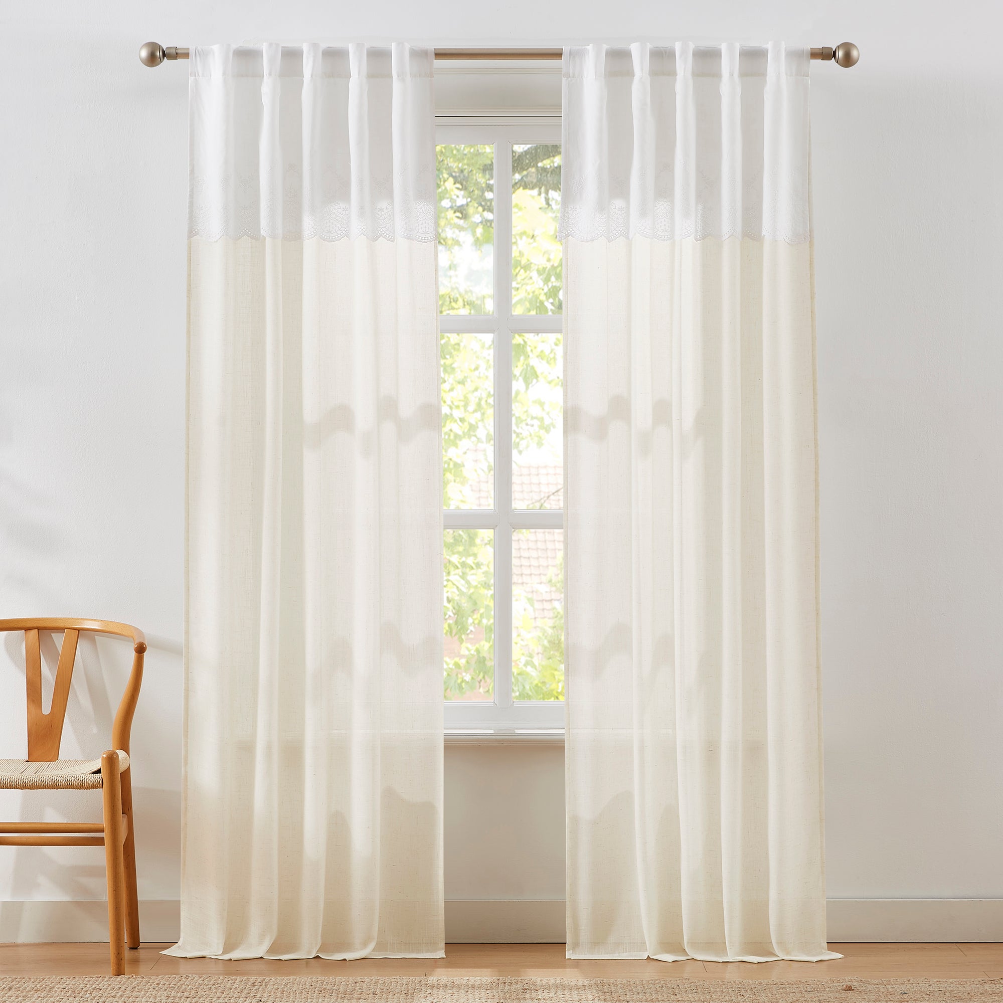 Brigitte Embroidery Eyelet Scalloped Edge Window Curtain Panels - Elegant Sheer Drapes for Living Room & Bedroom Decor