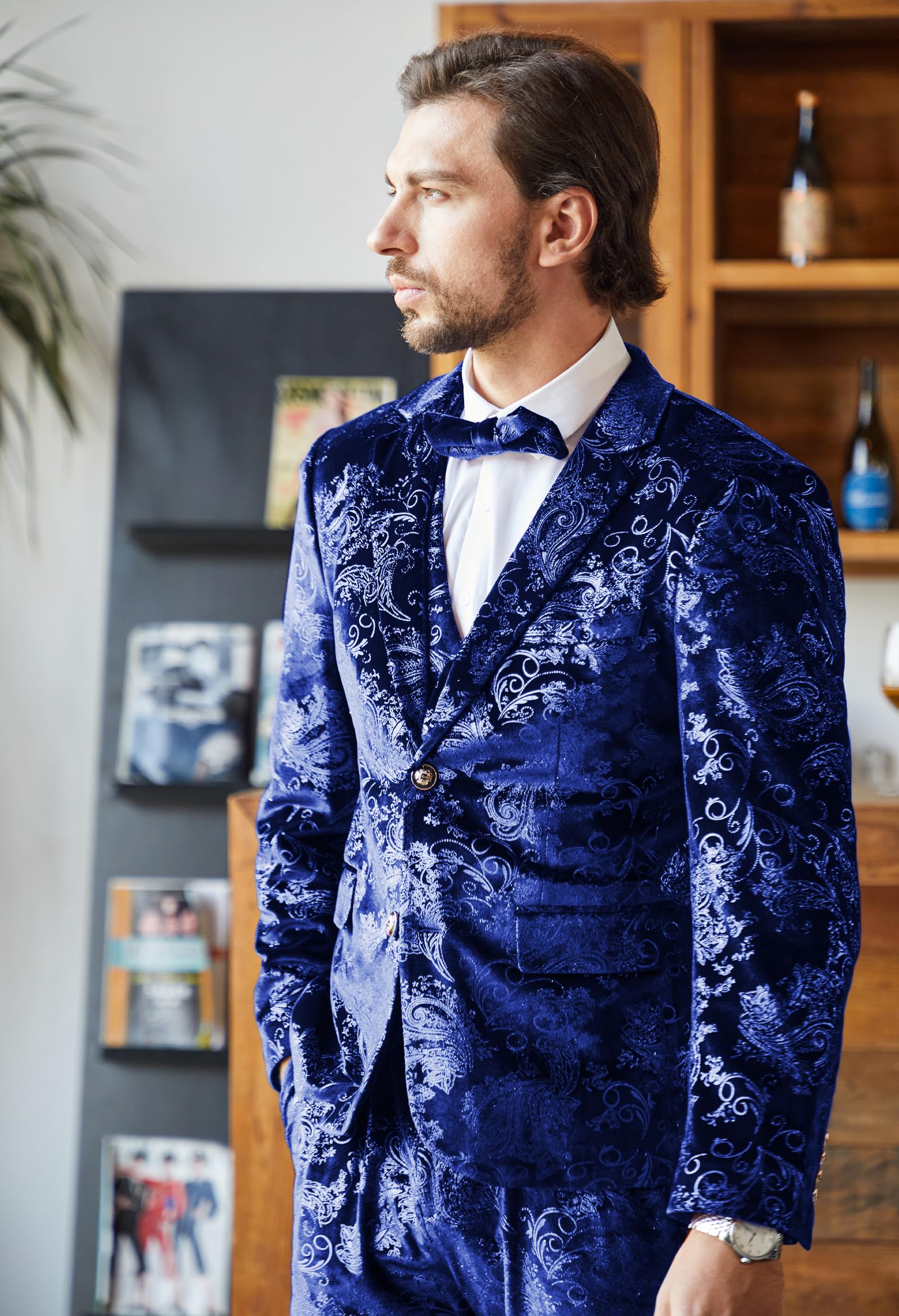 Stylish MAGE MALE Men's Floral Tuxedo Suit Set - Slim Fit 3-Piece Prom Party Blazer with Vest, Pants & Bow Tie | Perfect for Weddings, Formal Events & Special Occasions