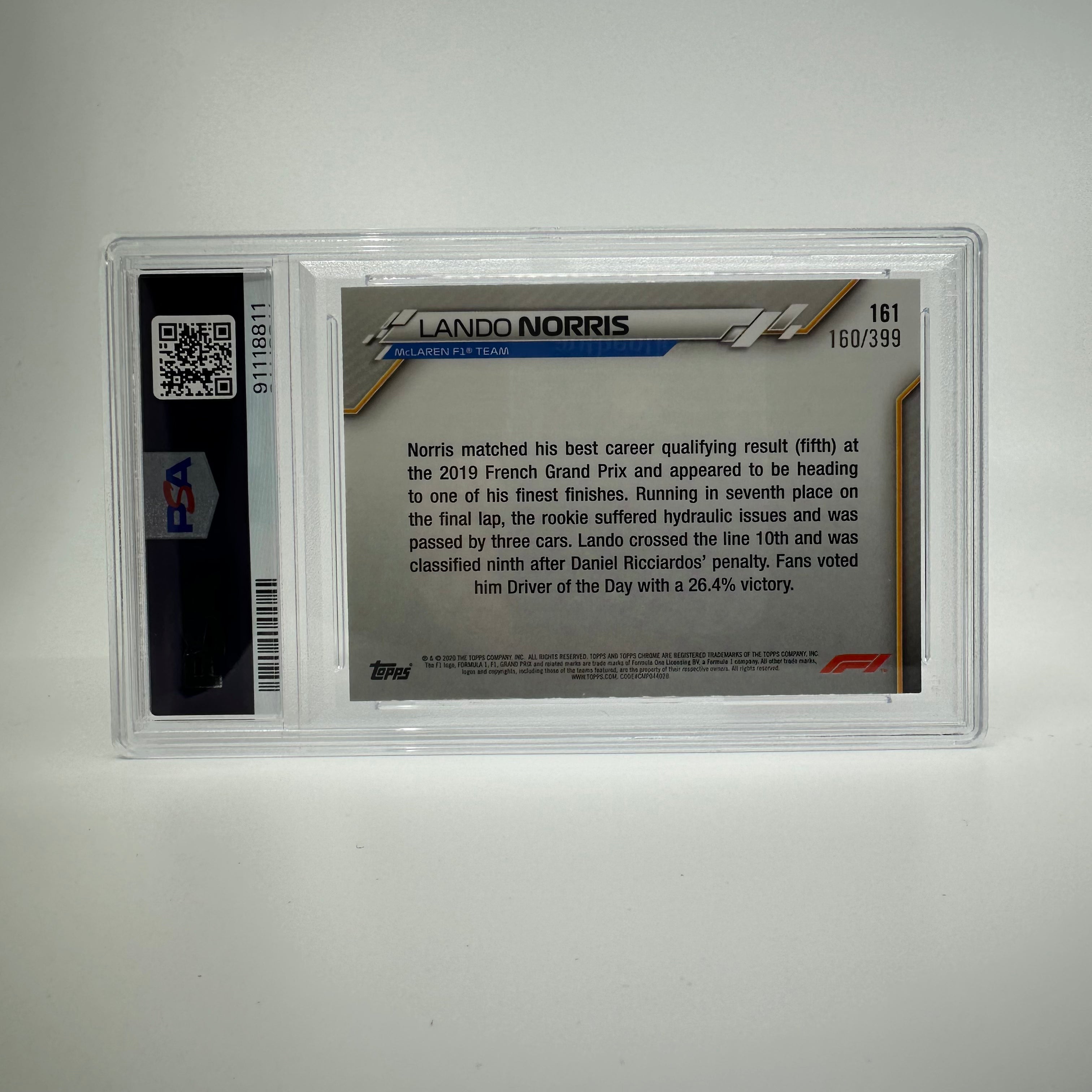 PSA 9 Lando Norris #161 2020 Topps Chrome 160/399 - Rare F1 Racing Card for Collectors & Fans, Perfect for Display & Investment