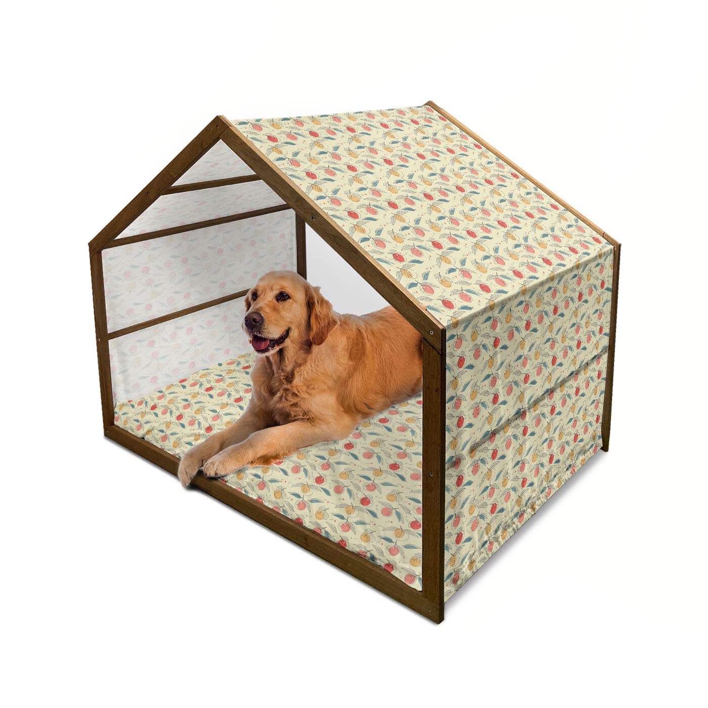 Ambesonne Large Wooden Dog House with Pastel Tangerine Print - Portable Indoor & Outdoor Pet Kennel with Pillow & Cover - 2X-Large Multicolor Dog Bed for Small to Medium Dogs - Perfect for Home, Garden, Patio or Travel Use