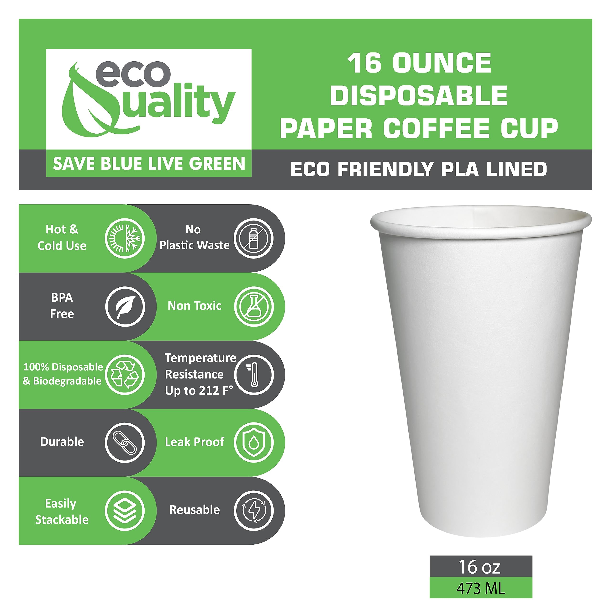 EcoQuality 16oz White Disposable Paper Coffee Cups - Bulk 1000 Pack for Hot Drinks, Tea, Coffee, Cappuccino, Hot Chocolate - Perfect for Offices, Cafes & Events