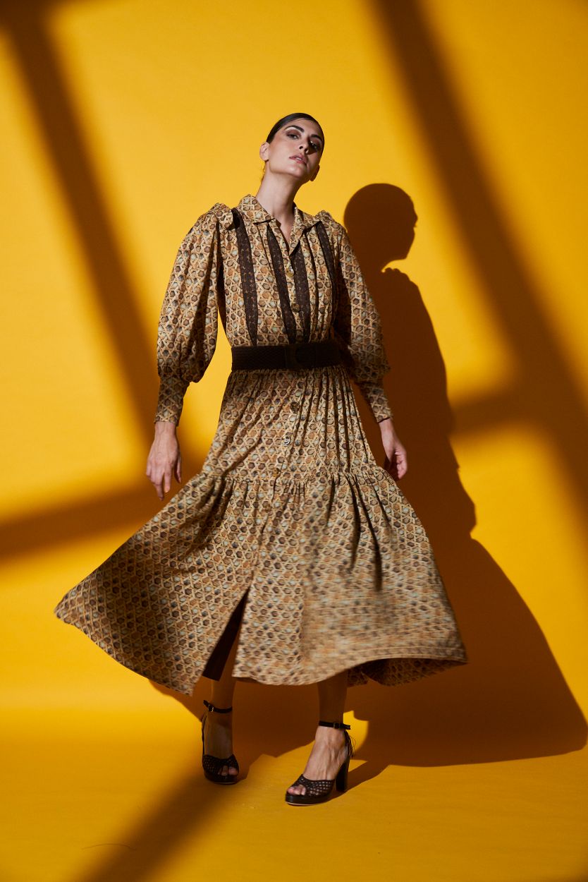 Elegant Brown Bamboo Print Front Open Dress with Poet Sleeves - Boho Chic Flowy Maxi Dress for Beach, Vacation & Summer Outfits