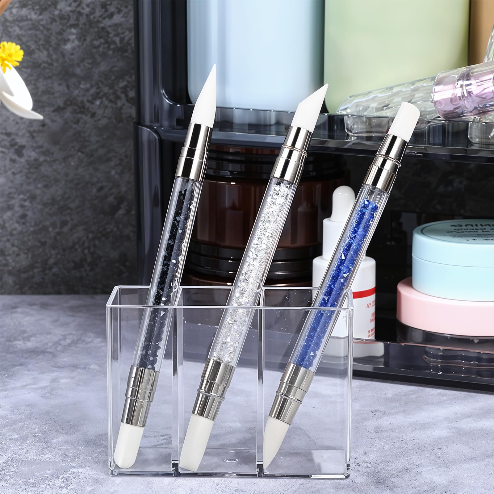 3PCS Silicone Nail Brush Set - Dual Tipped Nail Art Tools for Sculpting, Rhinestone Application & 3D Gel Design | Professional Nail Foil Drawing & Shaping Kit for Home & Salon Use