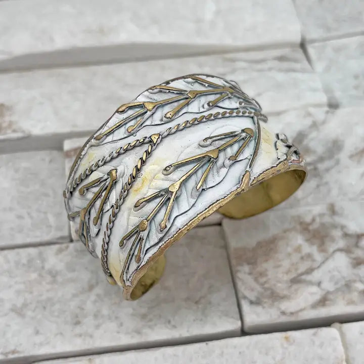 Vintage White Leaves Patina Cuff Bracelet - Elegant Boho Jewelry for Women - Perfect for Weddings, Parties & Everyday Wear